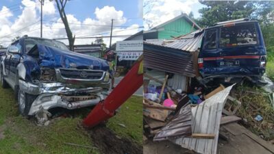 Mobil Dobel Kabin Tabrak Mini Bus, Warung Penjual Minuman Ikut Hancur